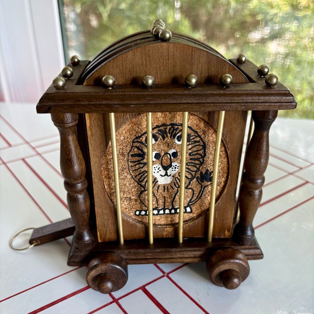 Vintage Lion Cork Coasters With Wood Caddy Set of 6